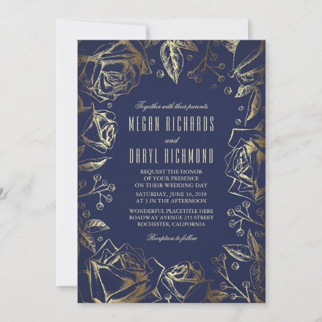 Invitation Roses Gold Foil et Mariage de la marine du souffle (Devant)