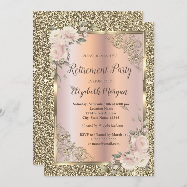 Invitation Roses, Gold Frame, Or Rose, Retraite Parties scint (Devant / Derrière)