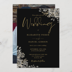 Invitation Roses gothiques Noir et Or Mariage photo Floral