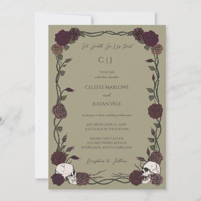 Invitation Roses gothiques vert olive jusqu'à la mort mariage (Devant)