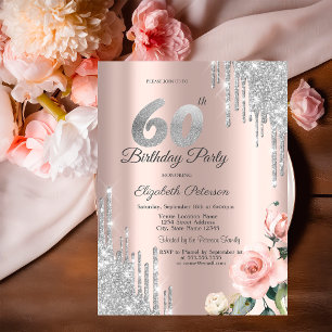 Invitation Roses Gouttes de Paillettes Argent Rose Gold 60ème
