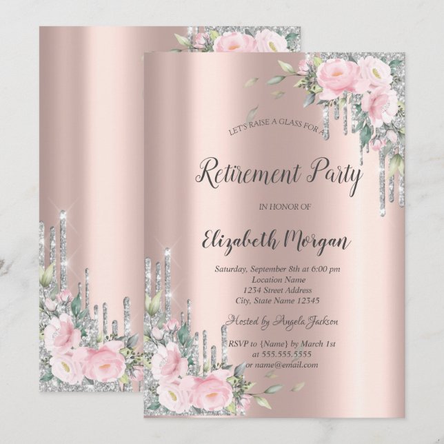 Invitation Roses,Gouttes de paillettes d'argent Rose Gold Ret (Devant / Derrière)