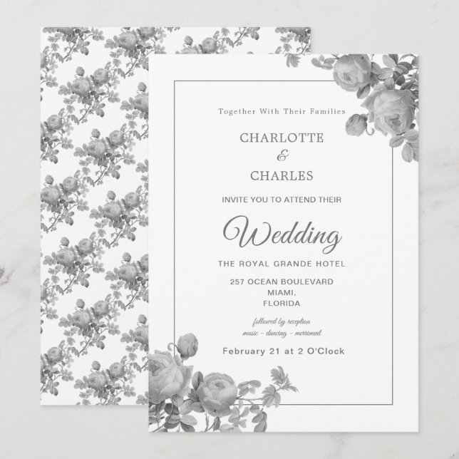 Invitation Roses gris argent Élégant Mariage floral (Devant / Derrière)