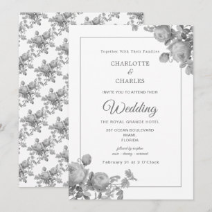 Invitation Roses gris argent Élégant Mariage floral