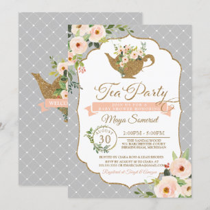 Invitation Roses gris de thé et rougissent baby shower floral