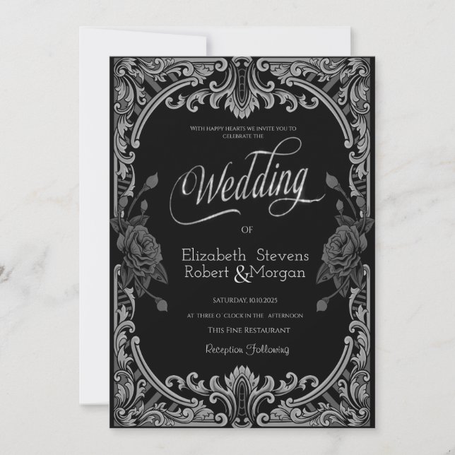 Invitation Roses Grises, Mariage Gothique Rayures (Devant)