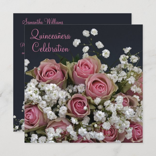 Invitation Roses & Gypsophila Bouquet Quinceañera (Devant / Derrière)