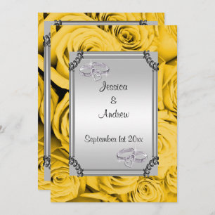 Invitation Roses jaunes et anneaux de Mariage diamant
