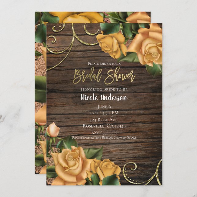 Invitation Roses Jaunes & Pays Fête des mariées en bois rusti (Devant / Derrière)