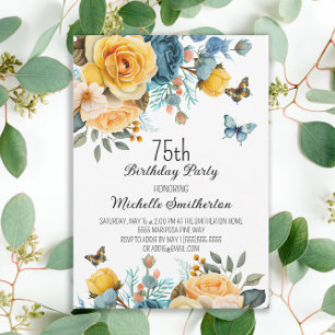 Invitation Roses Jaunes Poussiéreuses Papillons 75e Anniversa
