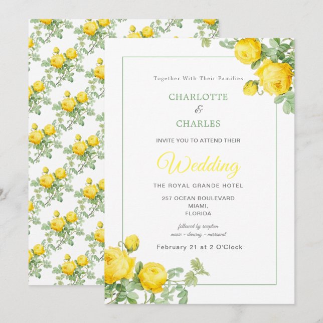 Invitation Roses Jaunes Soleil Élégant Mariage Floral (Devant / Derrière)