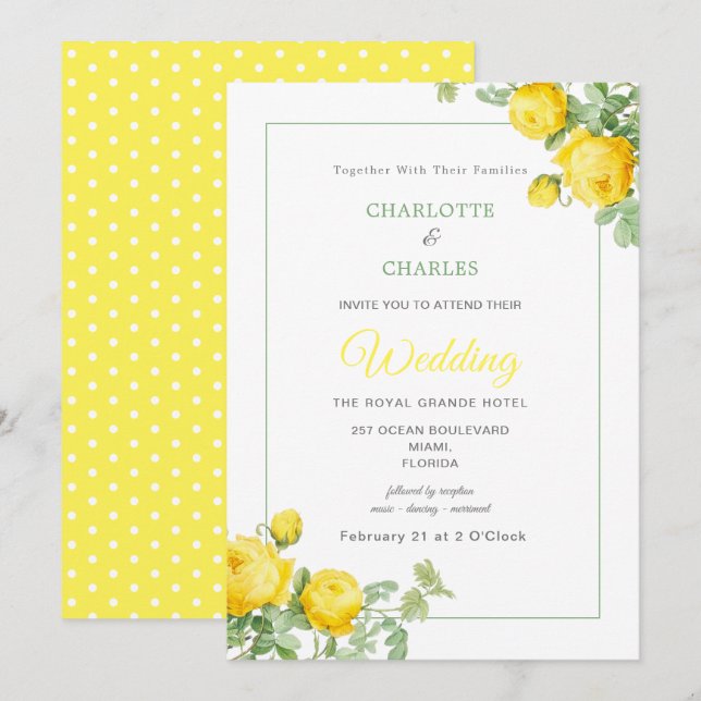 Invitation Roses Jaunes Soleil Élégant Mariage Floral (Devant / Derrière)