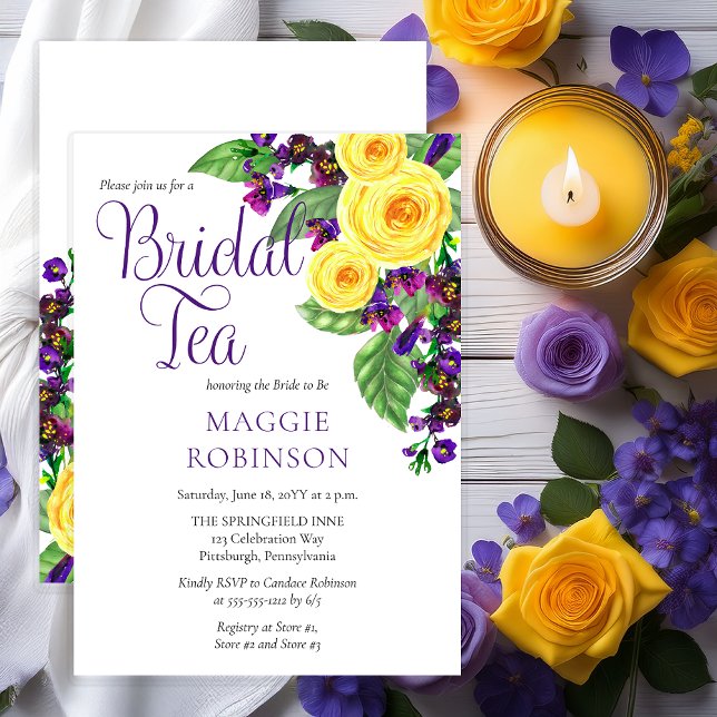 Invitation Roses jaunes | Violets Boho Floral Thé nuptial (Elegant Yellow Roses and Purple Violets Floral Bridal Tea Shower Invitation - Print | Digital)