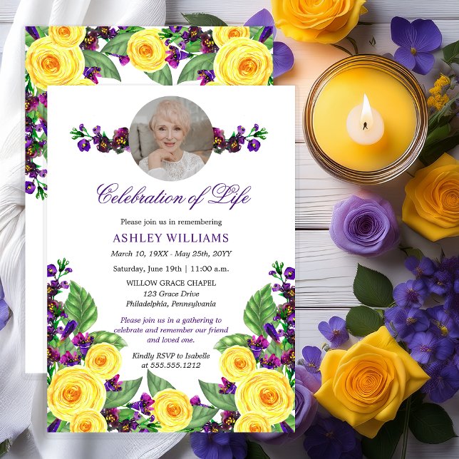 Invitation Roses jaunes |Violets Fête Florale de la vie I (Elegant Yellow Roses and Purple Violets Floral 90th Celebration of Life Invitation - Print | Digital)