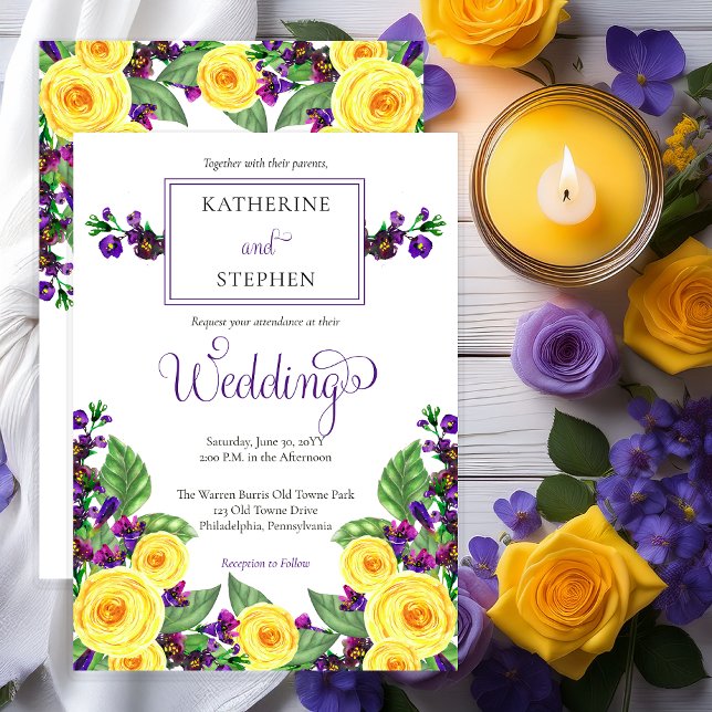 Invitation Roses jaunes |Violets Mariage floral Boho (Elegant Yellow Roses and Purple Violets Floral Wedding  Invitation - Print | Digital)