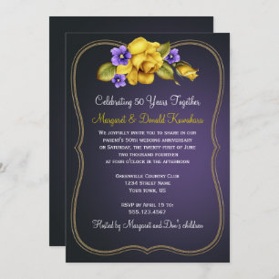 Invitation Roses Jaunes Violets Violets Violets Or Ornat Cadr