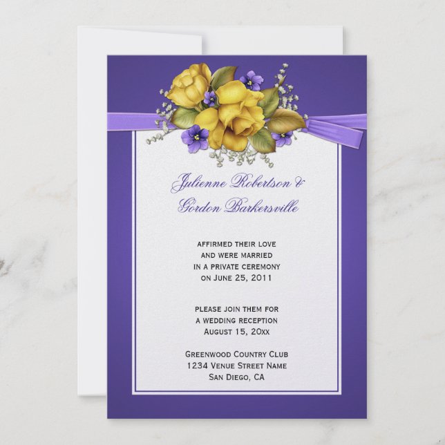 Invitation Roses Jaunes Violettes Pourpres Après-Mariage (Devant)