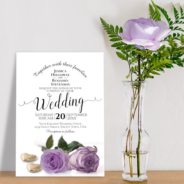 Invitation Roses lavande violet avec Coeurs Mariage élégant (Créateur téléchargé)