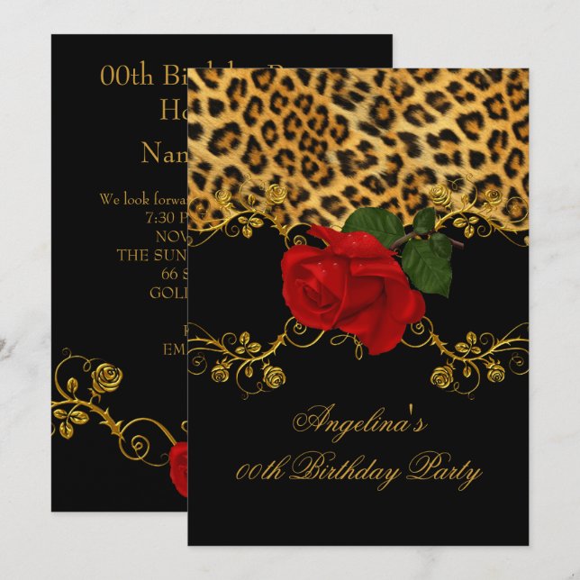 Invitation Roses léopard rouge noir or Fête d'anniversaire 2 (Devant / Derrière)