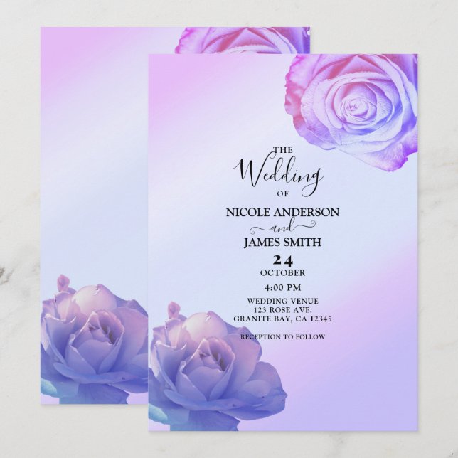 Invitation Roses Lilas Violet Glow Mariage Floral Élégant (Devant / Derrière)