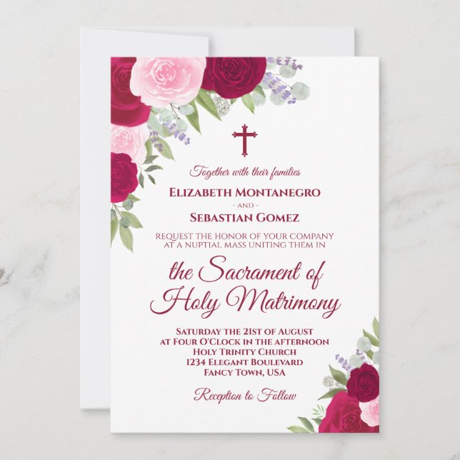 Invitation Roses magenta et rose Mariage catholique moderne (Devant)