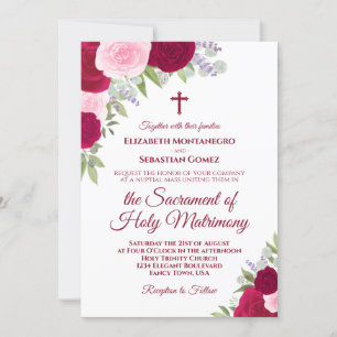 Invitation Roses magenta et rose Mariage catholique moderne