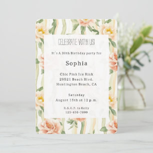 Invitation Roses Menthe Pêche Anniversaire Rayures Florales