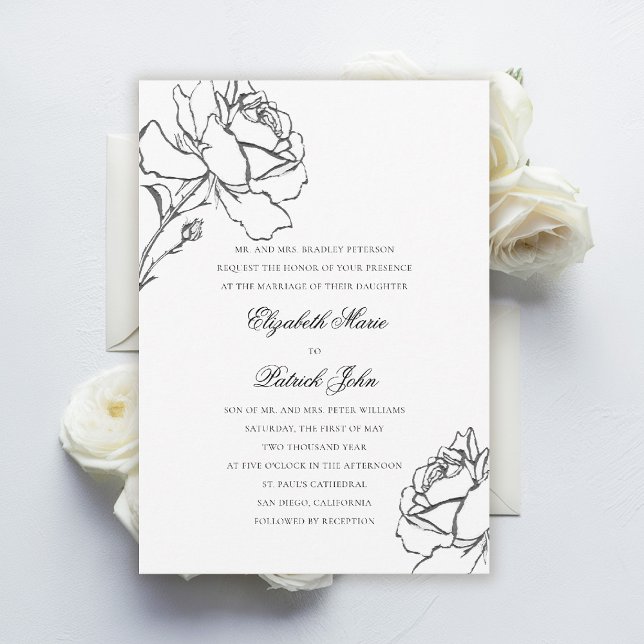 Invitation Roses Modern Classic Formal Parents Host Wedding (black and white wedding invitation roses floral formal traditional modern classic parents host)