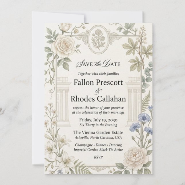 Invitation Roses neutres, Bleuets, Lys blancs, Eucalyptus (Devant)