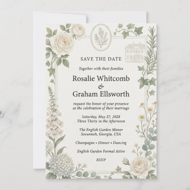 Invitation Roses neutres, Hydrangeas, Digitaires, Camomille,  (Devant)