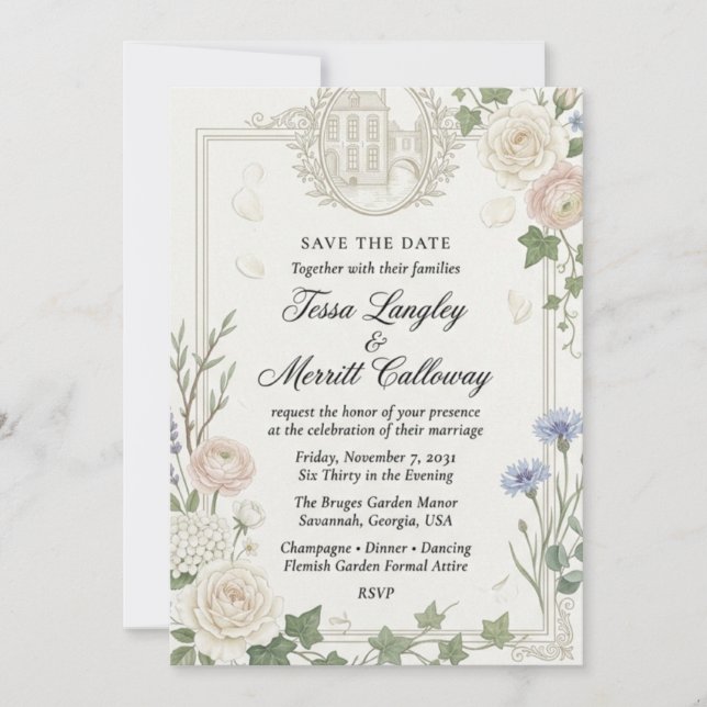 Invitation Roses neutres, renoncules, bleuets, hydrangeas (Devant)