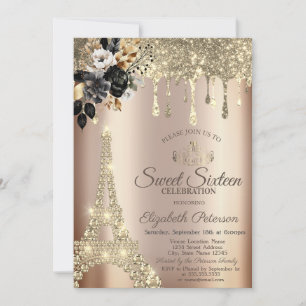 Invitation Roses noires chic Tour Eiffel Or Drips Sweet 16