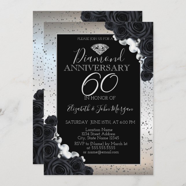 Invitation Roses Noires Confettis Argent Mariage Anniversaire (Devant / Derrière)