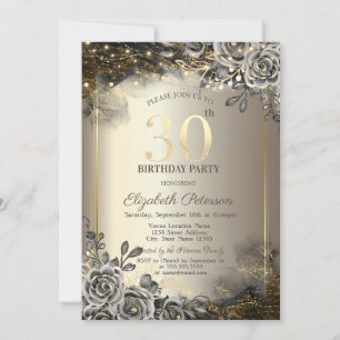 Invitation Roses Noires Élégantes,Guirlande Lumineuse 30e Ann