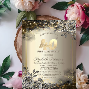 Invitation Roses Noires Élégantes,Guirlande Lumineuse 40e Ann