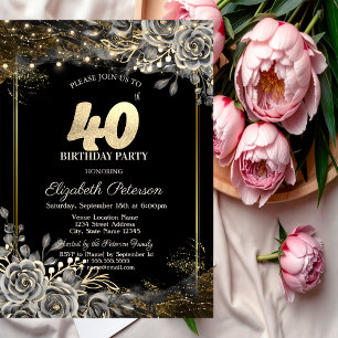 Invitation Roses Noires Élégantes, Lumières 40e Anniversaire 