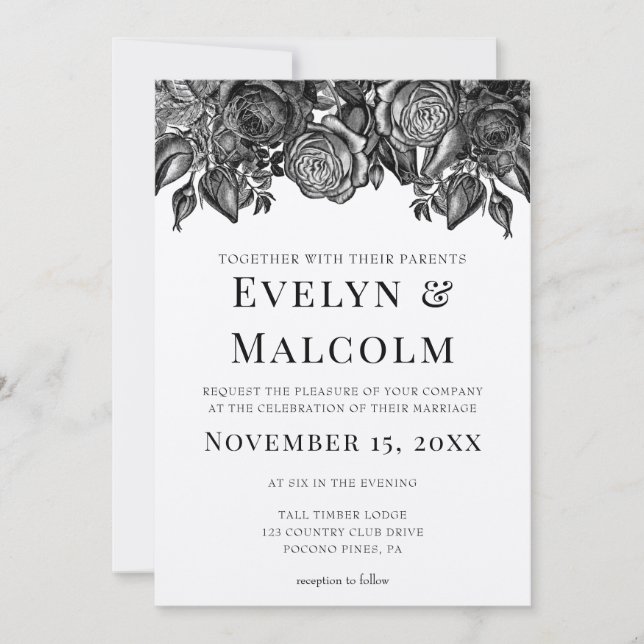 Invitation Roses noires et blanches Antique Mariage d'gravure (Devant)