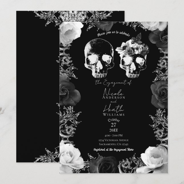 Invitation Roses Noires et Blanches Crâne de squelette Fiança (Devant / Derrière)