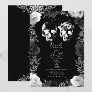 Invitation Roses Noires et Blanches Crâne de squelette Gothiq