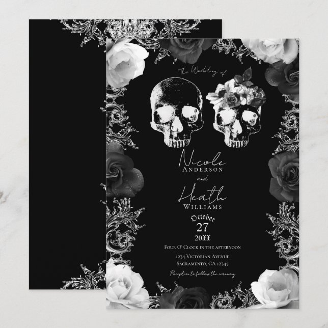 Invitation Roses Noires et Blanches Crâne de squelette Mariag (Devant / Derrière)