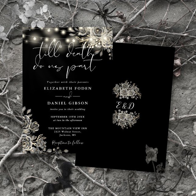 Invitation Roses Noires Et Blanches Lumières Florales Mariage (Black And White Roses Floral Lights Gothic Wedding Invitation)