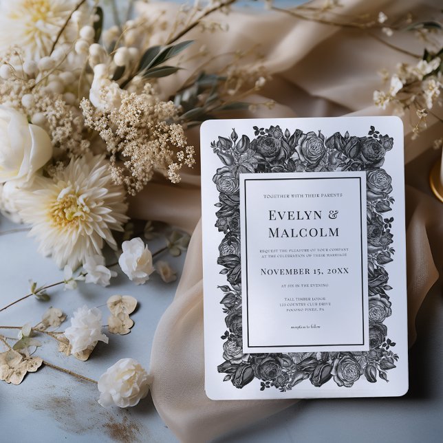 Invitation Roses noires et blanches Mariage gothique (Créateur téléchargé)