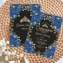 Roses noires et bleues royales Quinceañera dorée