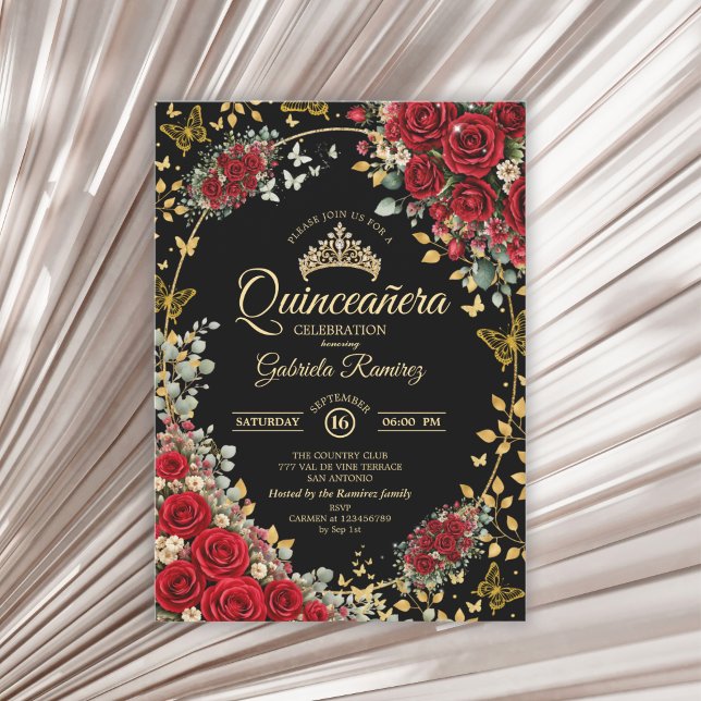 Invitation Roses noires et rouges Papillons dorés Quinceañera (Créateur téléchargé)