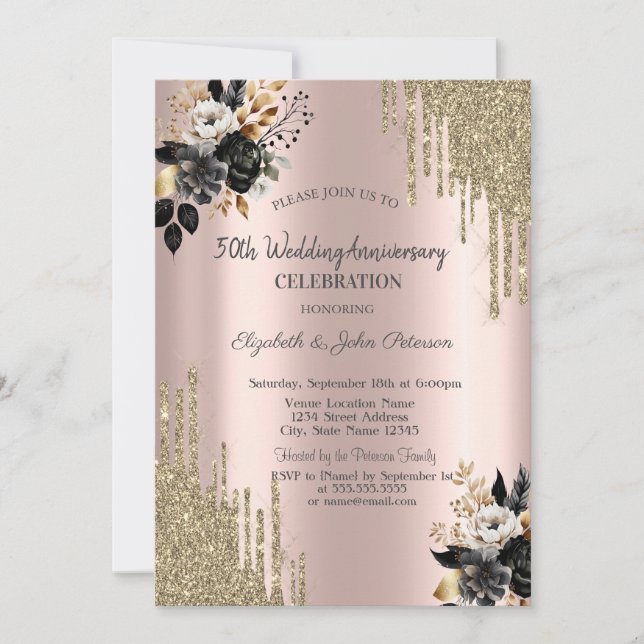 Invitation Roses Noires Paillettes Gouttes Mariage Anniversai (Devant)