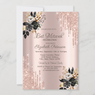 Invitation Roses Noires Paillettes Gouttes Rose Or Bar Mitzva