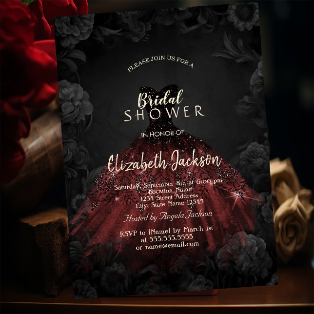 Invitation Roses noires Robe rouge Mariage gothique Shower  (Créateur téléchargé)