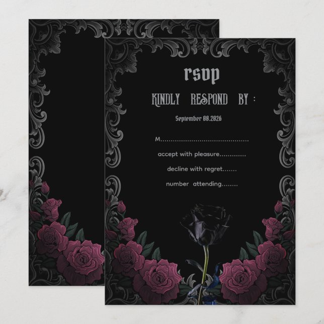 Invitation  Roses noires rouges gothiques  RSVP   (Devant / Derrière)