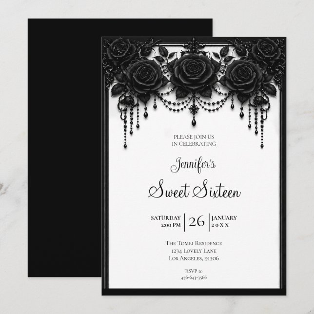 Invitation Roses Noires Sweet 16 Anniversaire (Devant / Derrière)