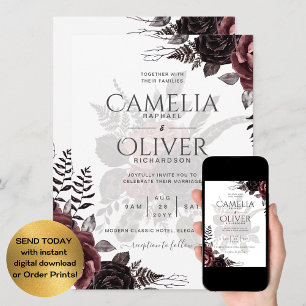 Invitation Roses noirs de Bourgogne foncée Mariage automne hi